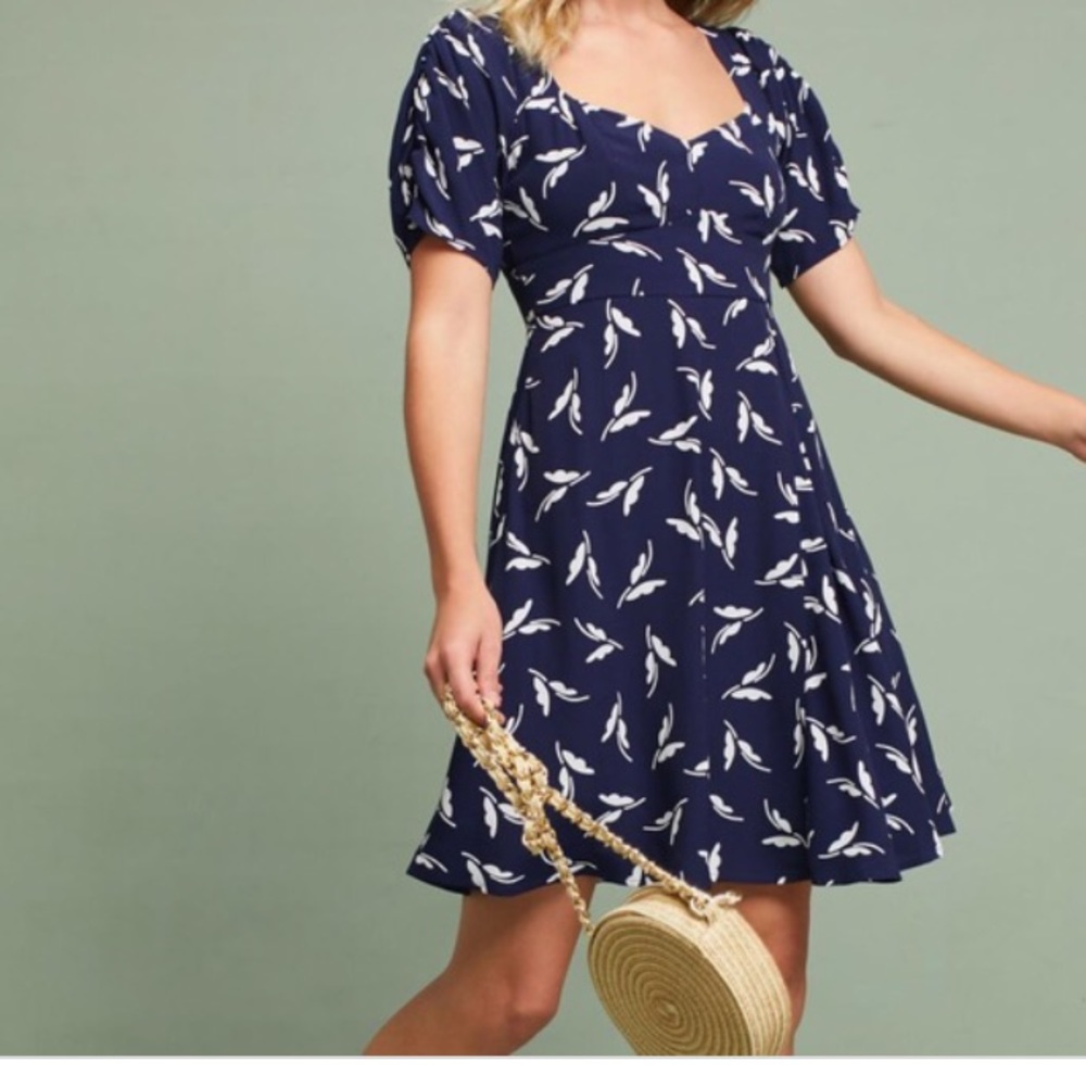 Anthropologie Navy Blue Midi Dress with White Leaf Motif